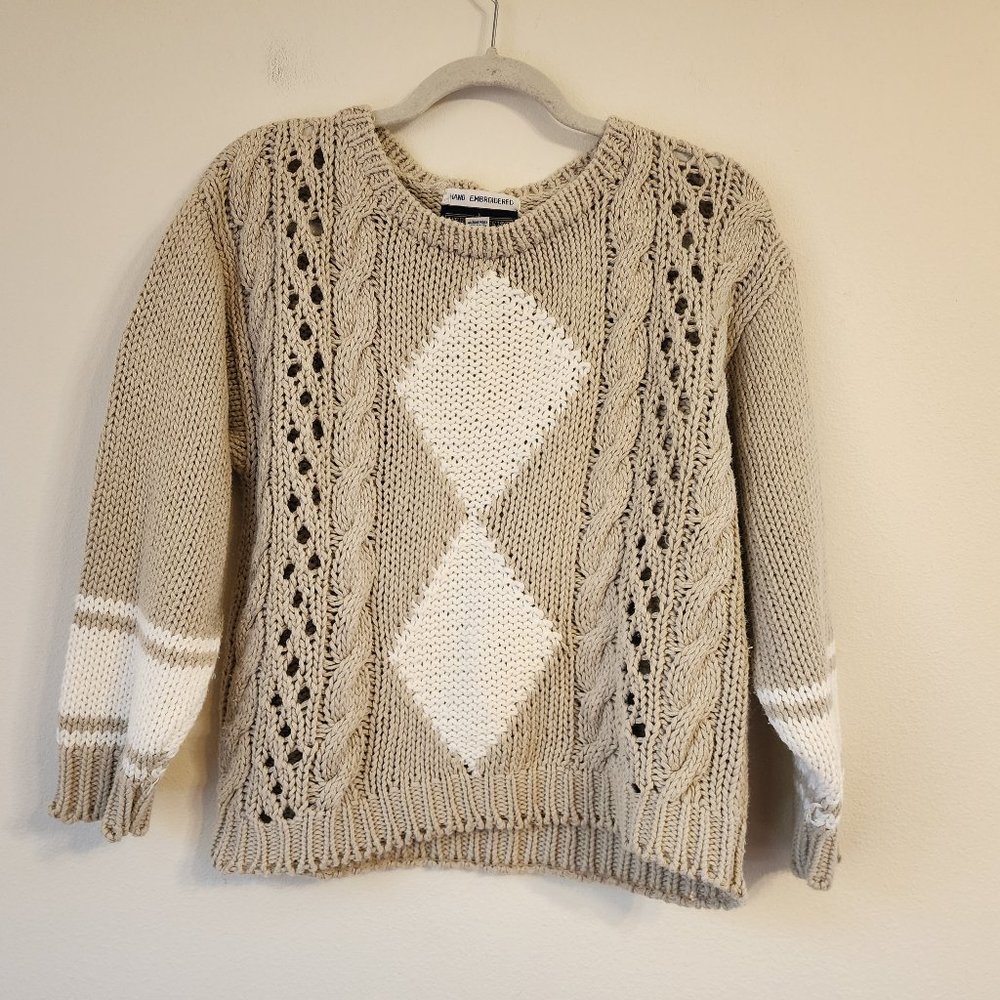 Herman Geist Cotton Blend Cable Knit Fisherman hand Knit Sweater Women Sz L.